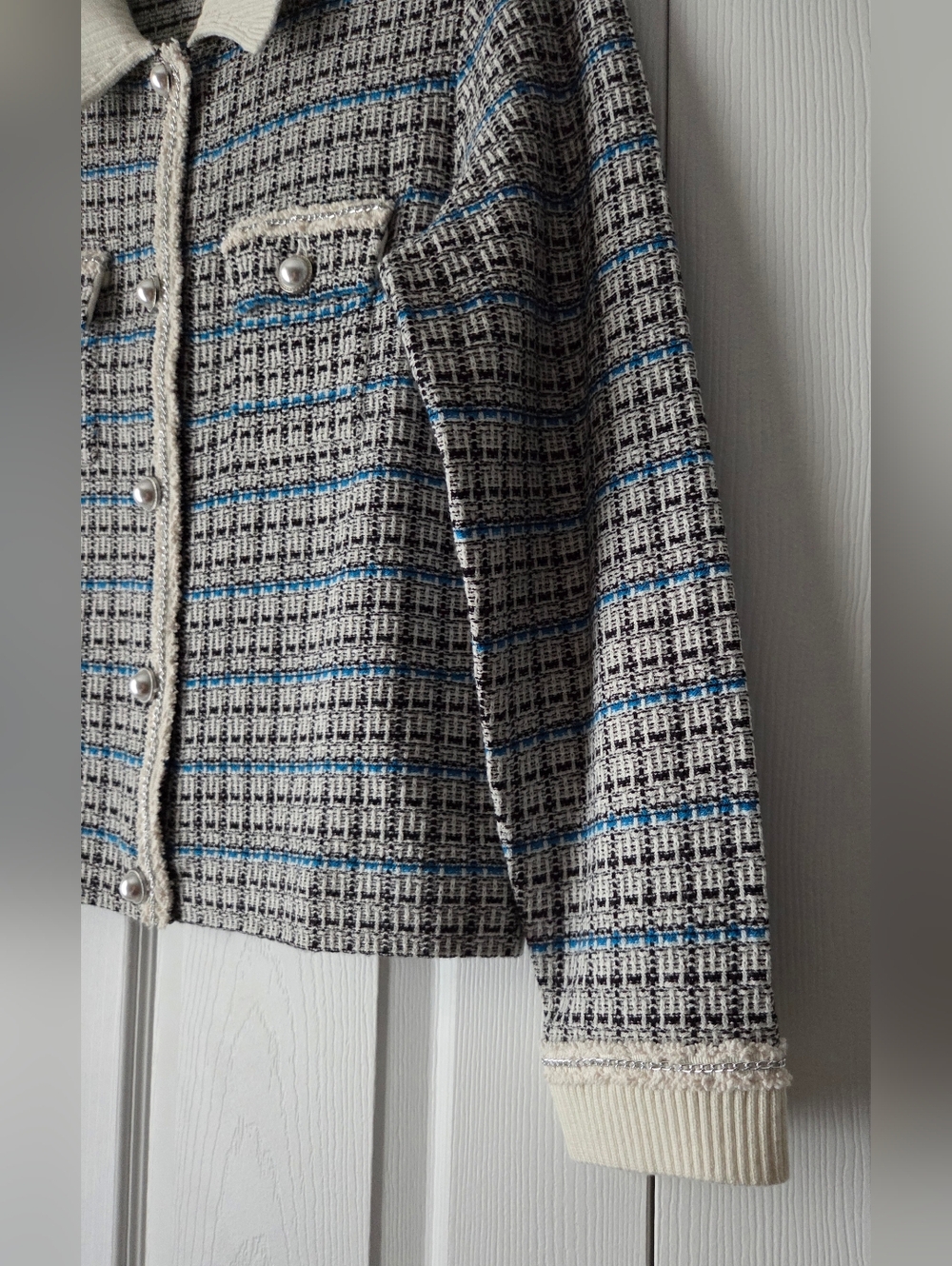 NWOT Talbots Cream and Blue Plaid Tweed Sweater Jacket Size L - Picture 6 of 14